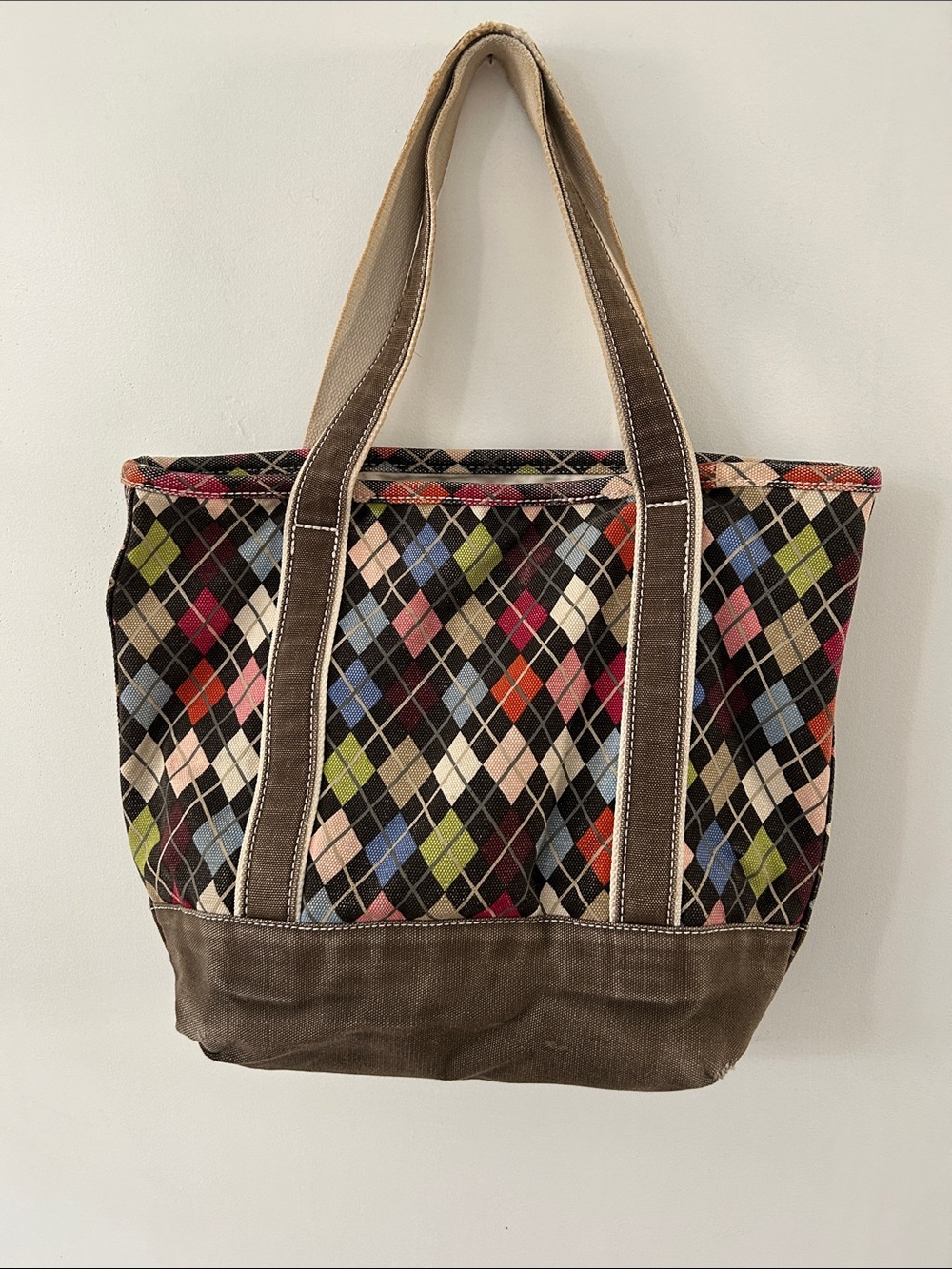 Lands End Argyle Canvas Tote Bag Medium Brown Preppy Beach Boat Travel Bag - Picture 1 of 15